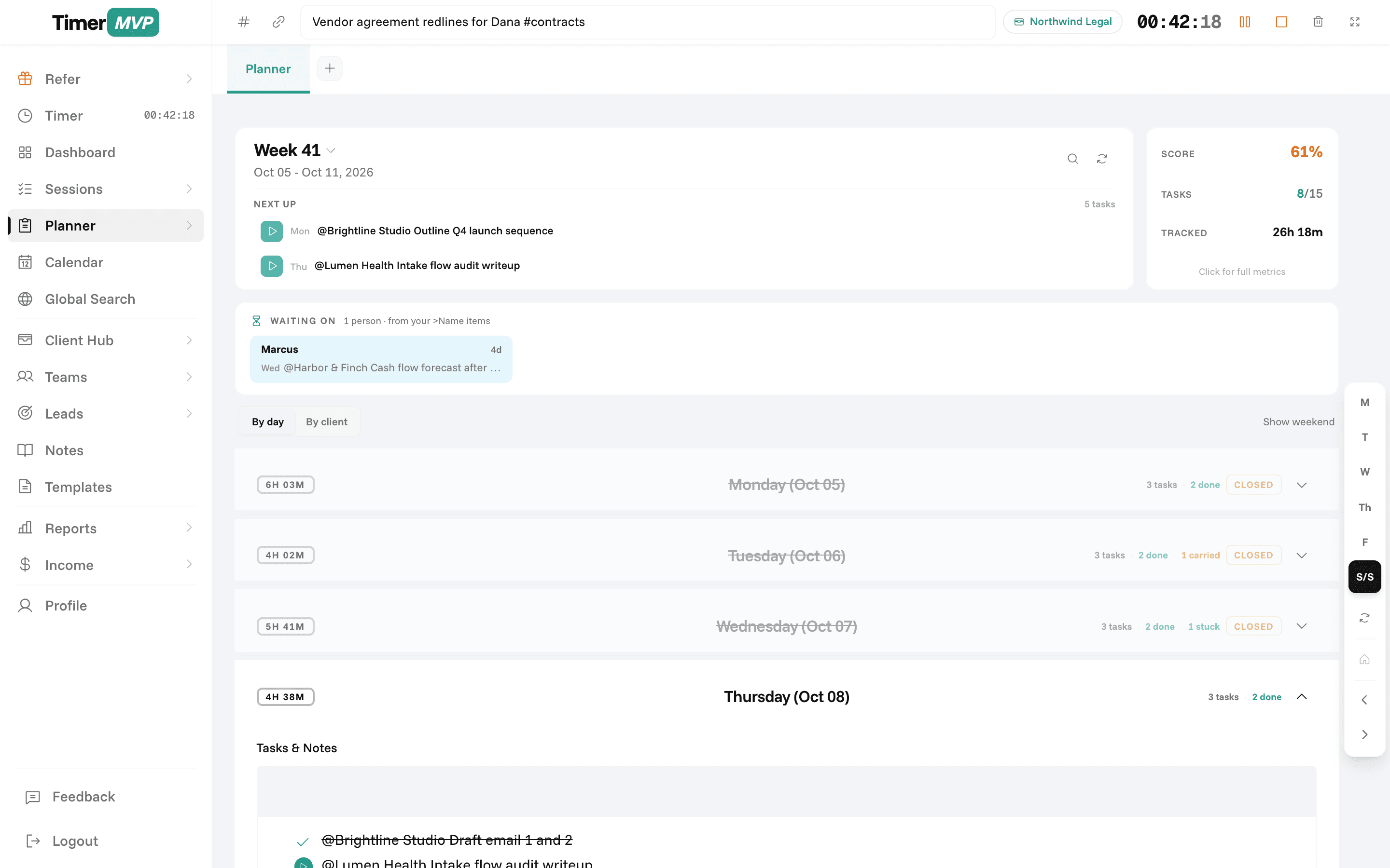 TimerMVP weekly planner with a plan score, next-up tasks, a waiting-on list and closed-out days
